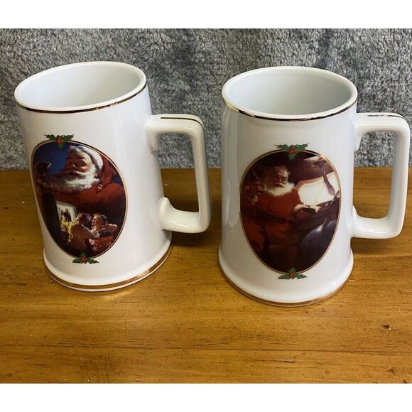 VTG 1996 Coca Cola Santa Gold Trim Mugs 2 Set Collectors Edition Christmas Mugs - Picture 9 of 12